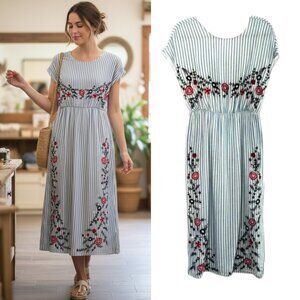 Zara Trf Embroidered Midi Dress Women's Size S Blue Stripe Cotton Linen Blend